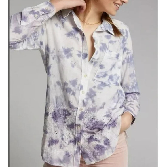 Anthropologie Pilcro Cate Tie Dye Eyelet Button Front Shirt Size XS Blue Purple - Picture 1 of 11
